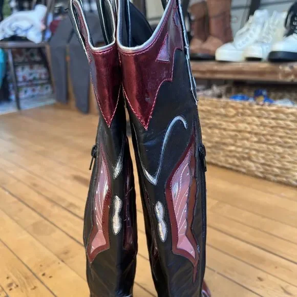 Current Mood Black Pink Shimmer Butterfly Cowboy Boots Size 6 - Picture 9 of 11